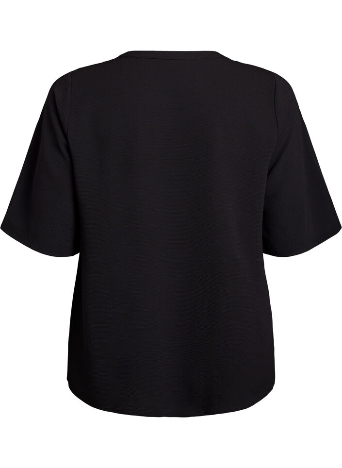 Short-sleeved blouse with V-neck, Black, Packshot image number 1