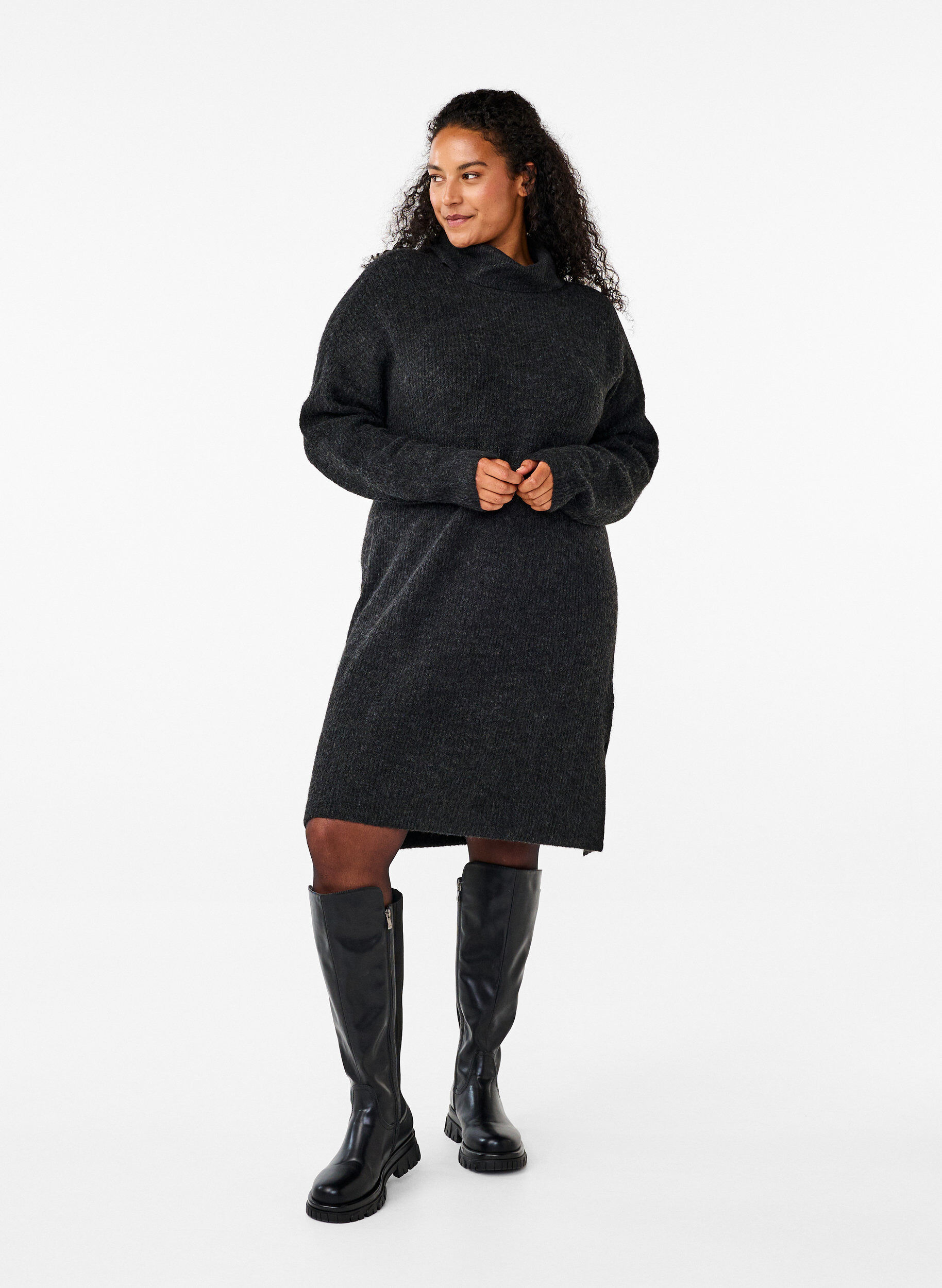 ZizzifashionKnitted dress with turtleneck, Dark Grey, Model image number 1