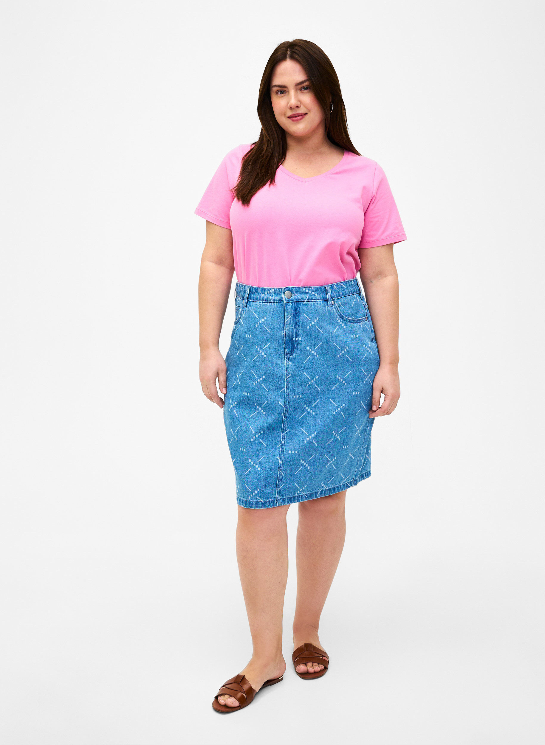 Zizzifashion Denim skirt with a pattern, Light blue denim, Model image number 3