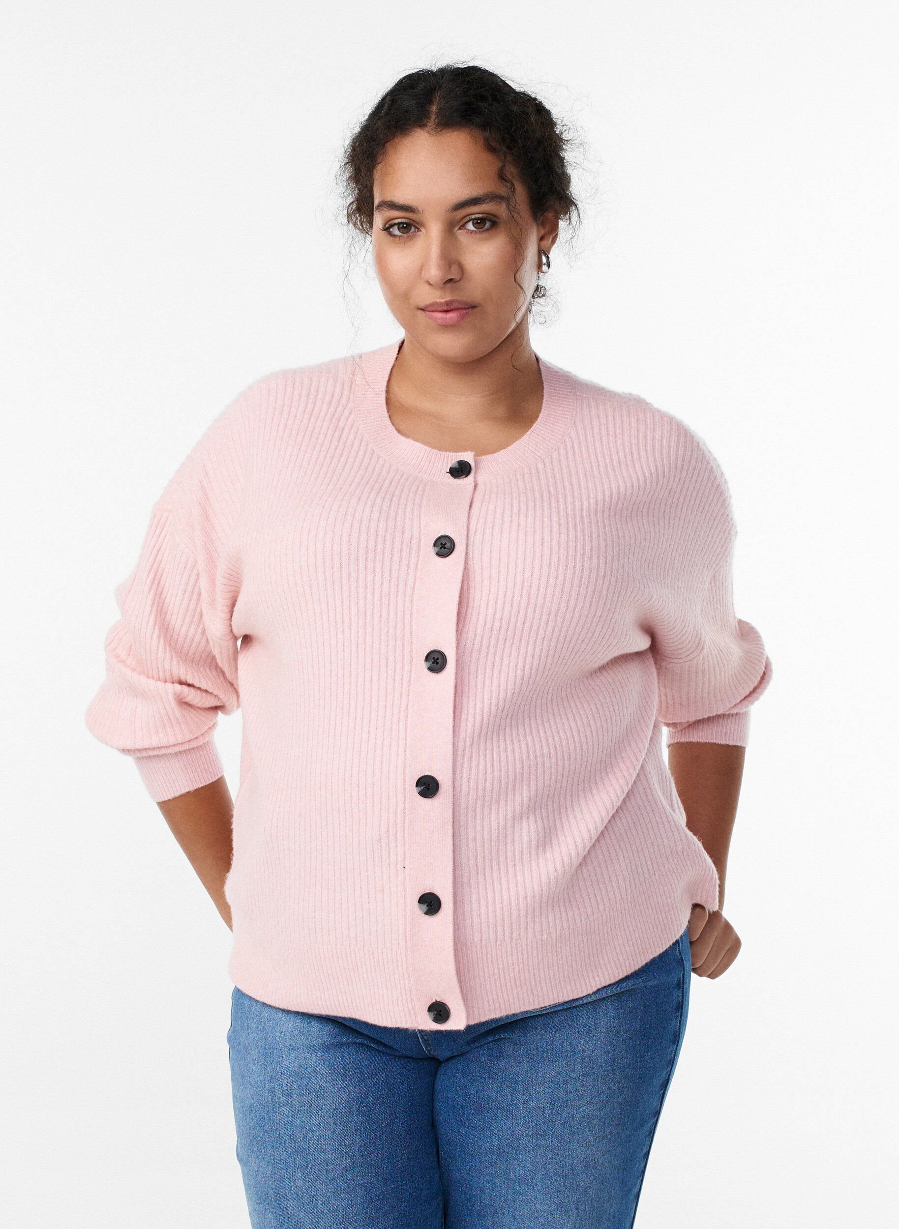 Ribbed cardigan with buttons, Pink, Model