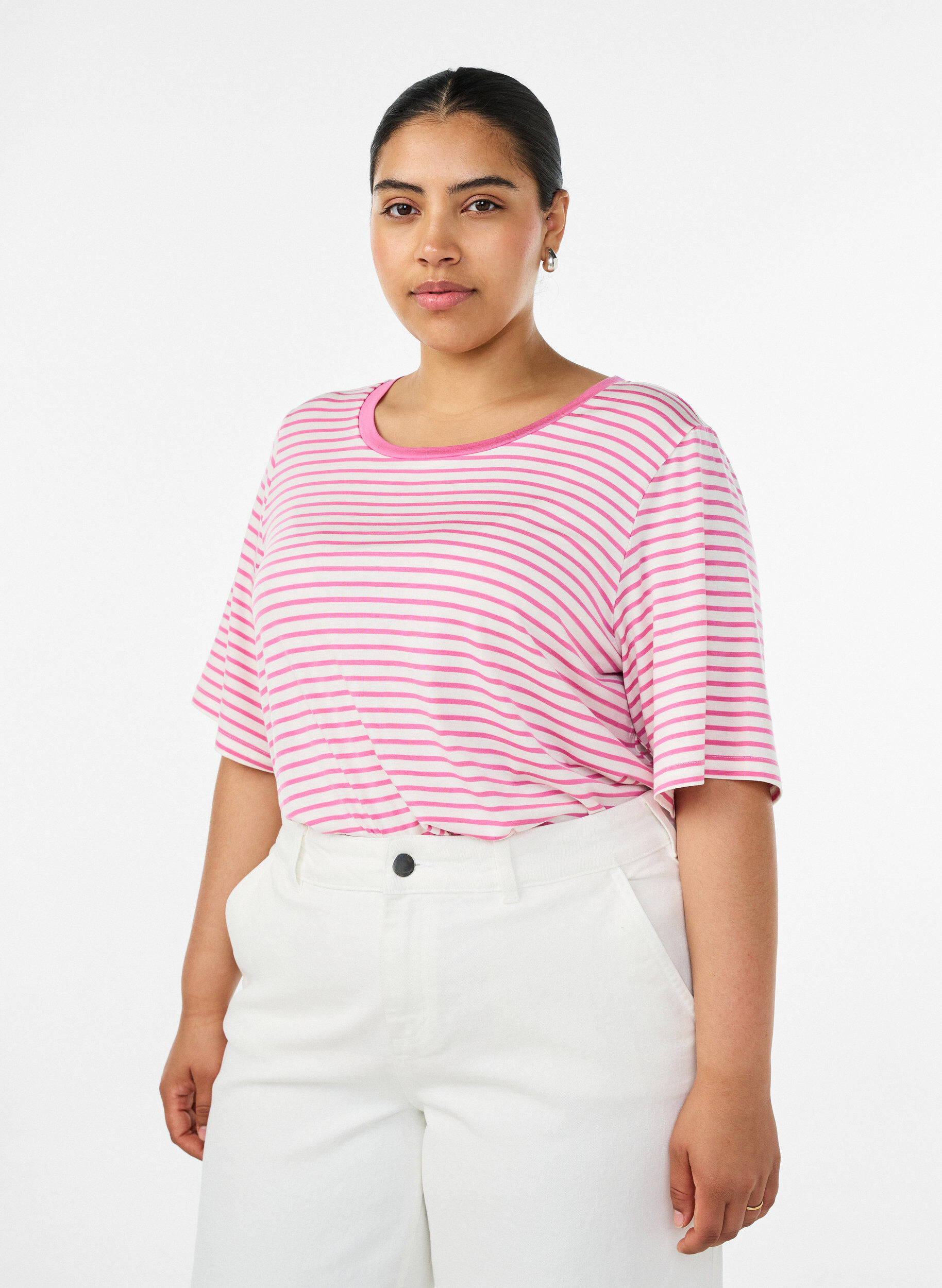 Zizzifashion T-shirt with TENCEL&trade; Lyocell and stripes, Pink, Model image number 0
