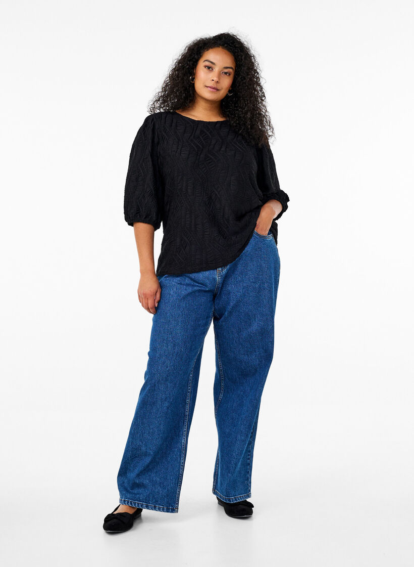 Blouse with texture and 3/4 sleeves, Black, Model image number 1