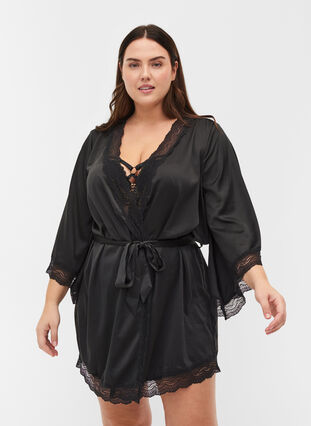 Dressing gown with lace details and 3/4-length sleeves, Black, Model image number 0