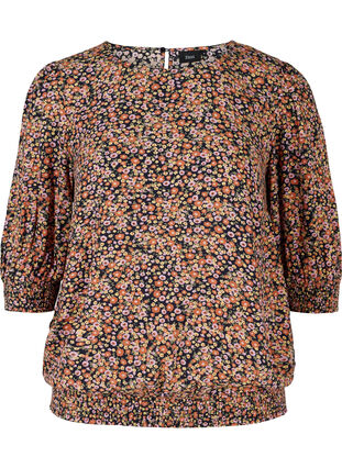 Printed blouse with smock and 3/4 sleeves, Ditsy Flower AOP, Packshot image number 0
