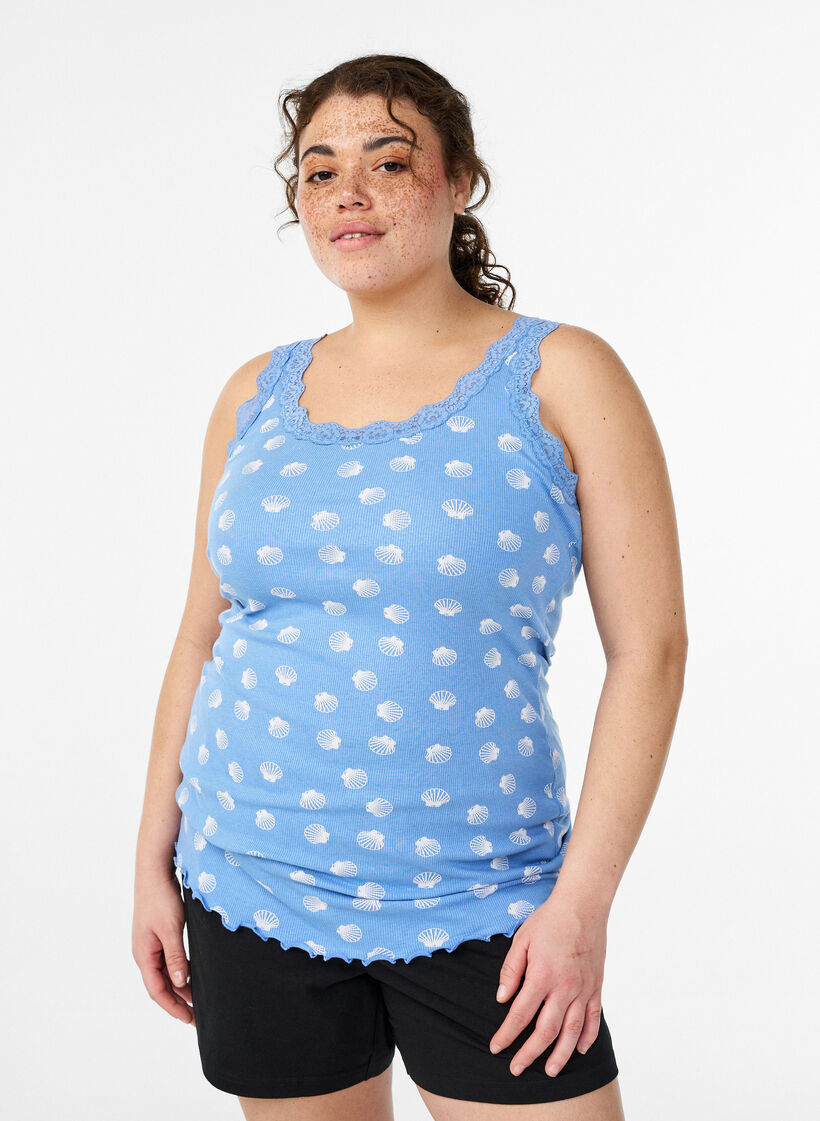 Top with print and lace edge, Blue, Model image number 0