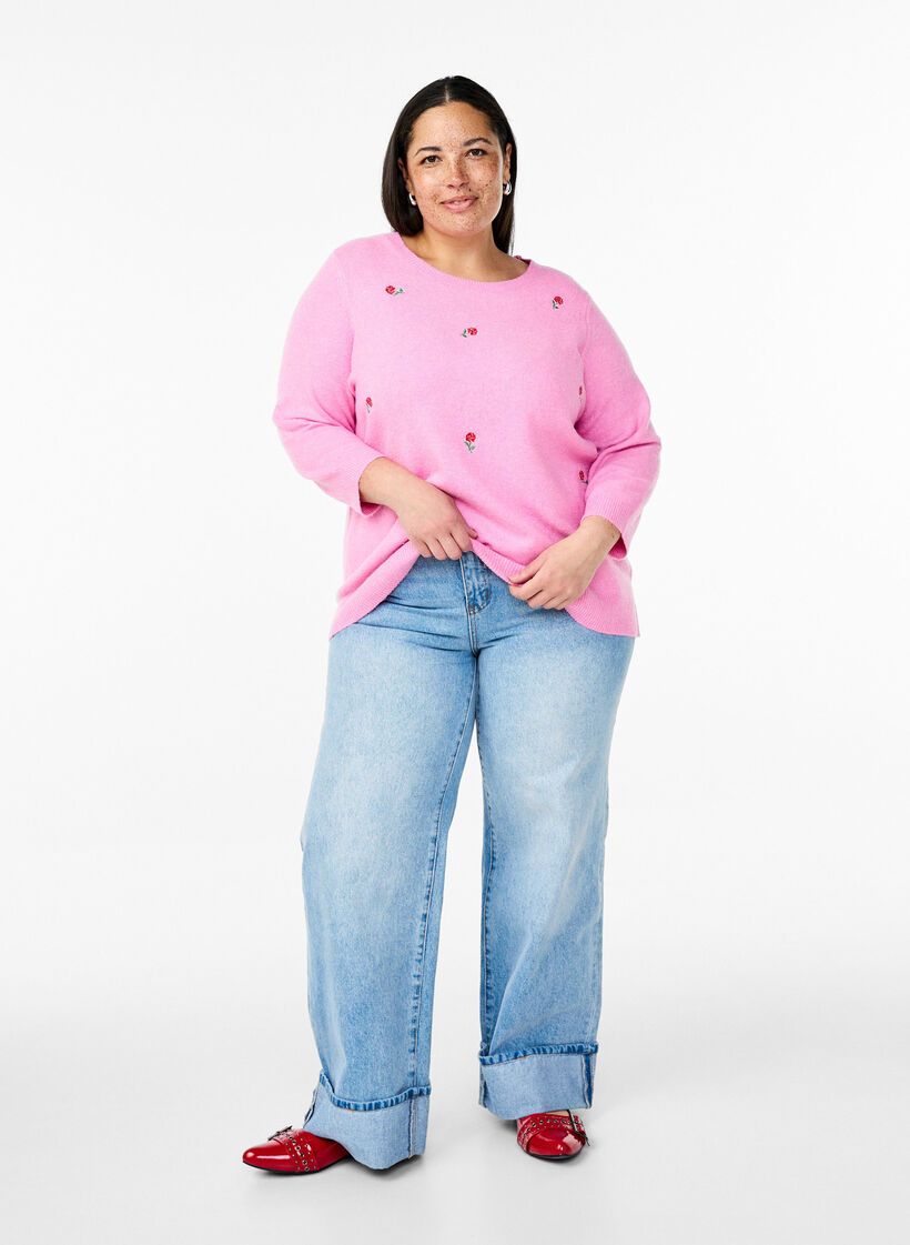 Knitted blouse with flowers and 3/4 sleeves, Begonia Pink Mel., Model image number 2