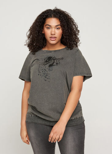 Short-sleeved t-shirt with acid wash and smock, Dark grey acid wash, Model image number 0