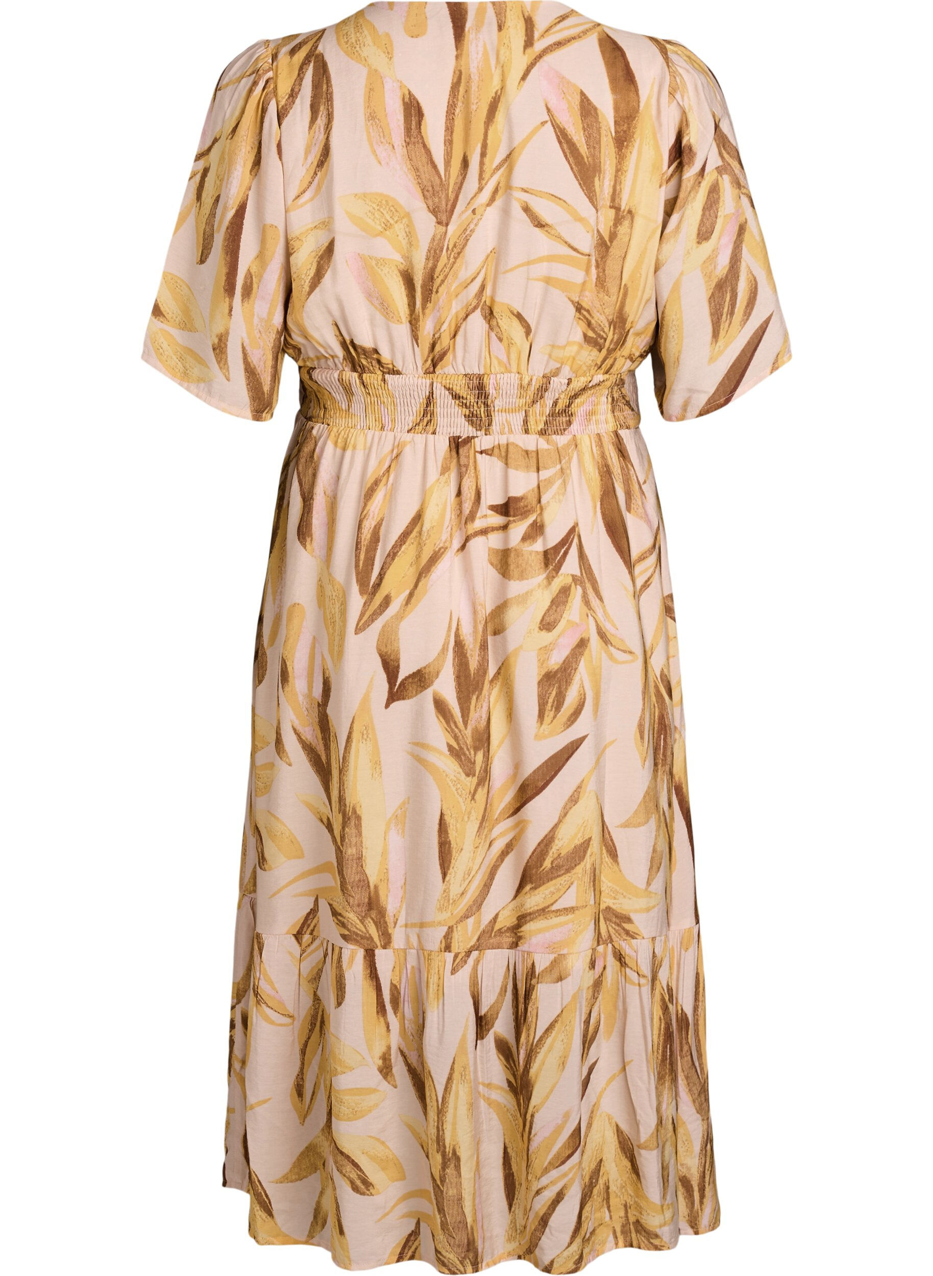 Zizzifashion Viscose midi dress with leaf print and smocked waist, Yellow, Packshot image number 1