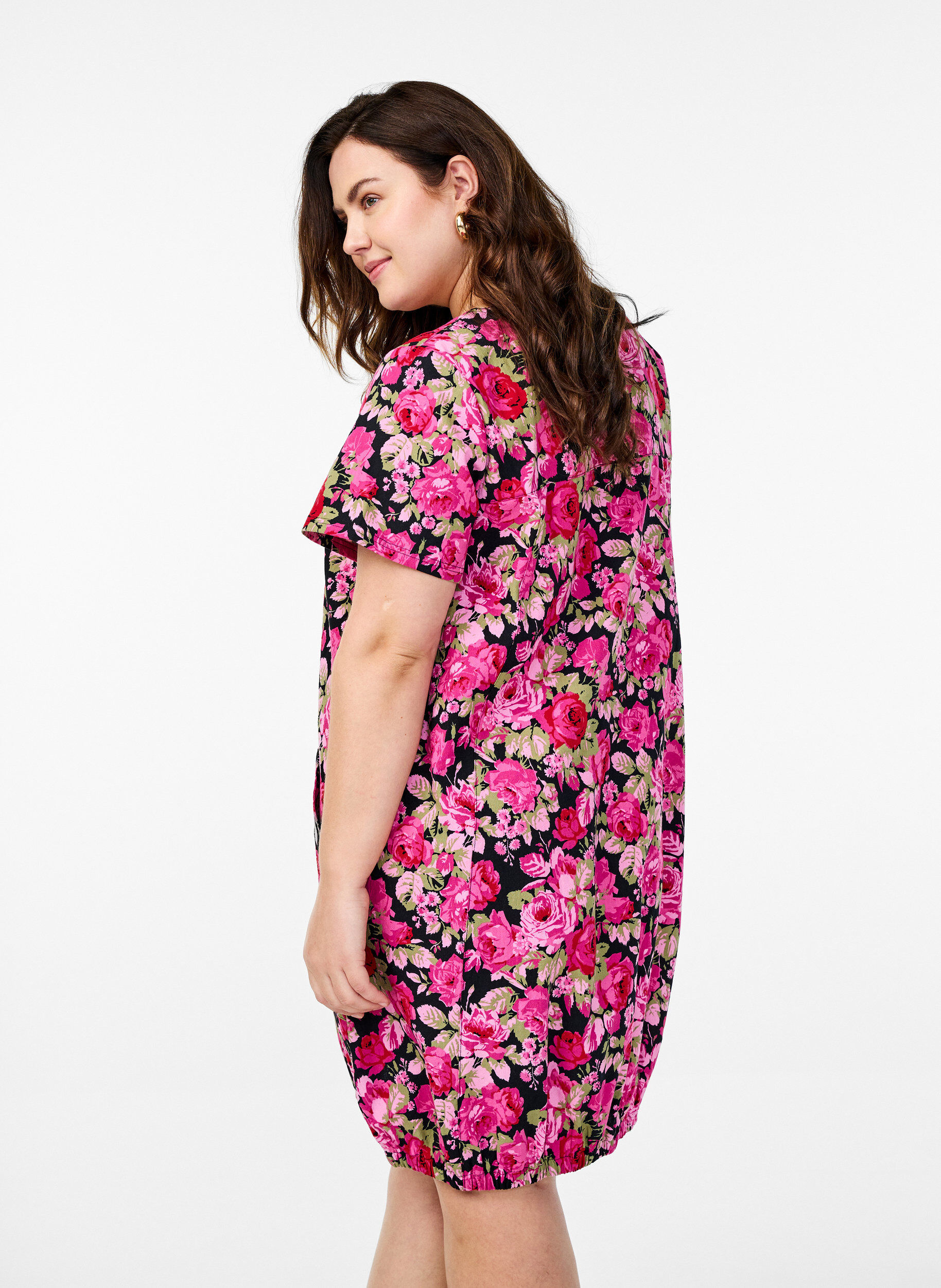 ZizzifashionShort-sleeved cotton dress with print, Black, Model image number 2
