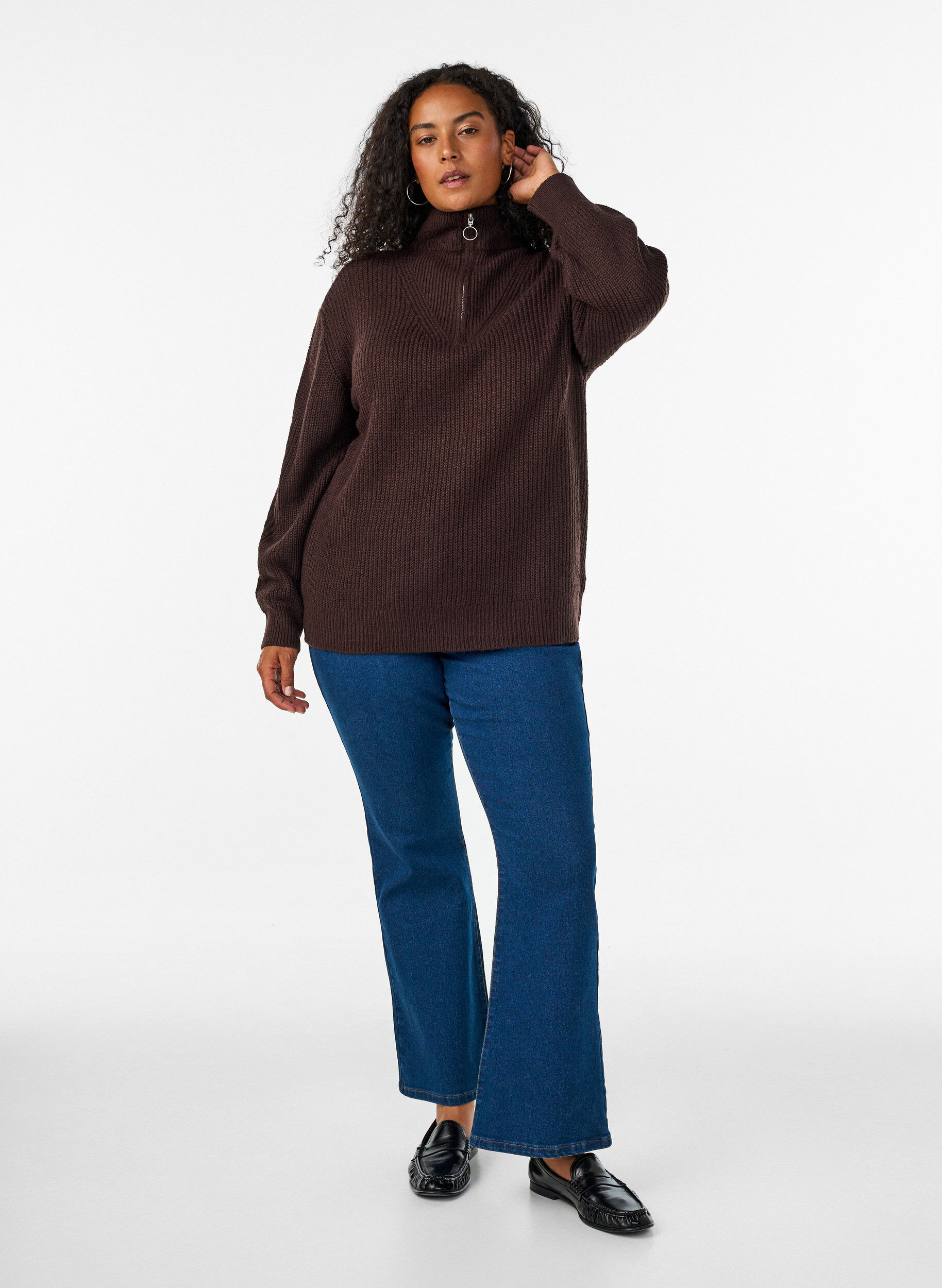 ZizzifashionKnitted sweater with high neck and zipper, Brown, Model image number 1