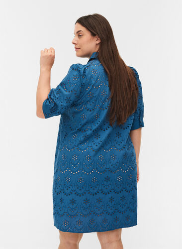 Shirt dress in cotton with broderie anglaise and puff sleeves, Midnight, Model image number 1
