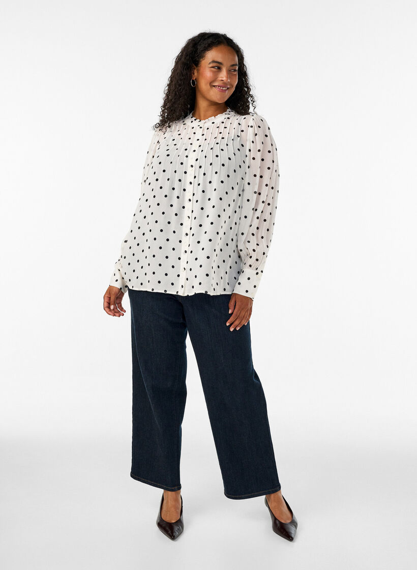 Viscose blouse with a ruffle collar, White, Model image number 1