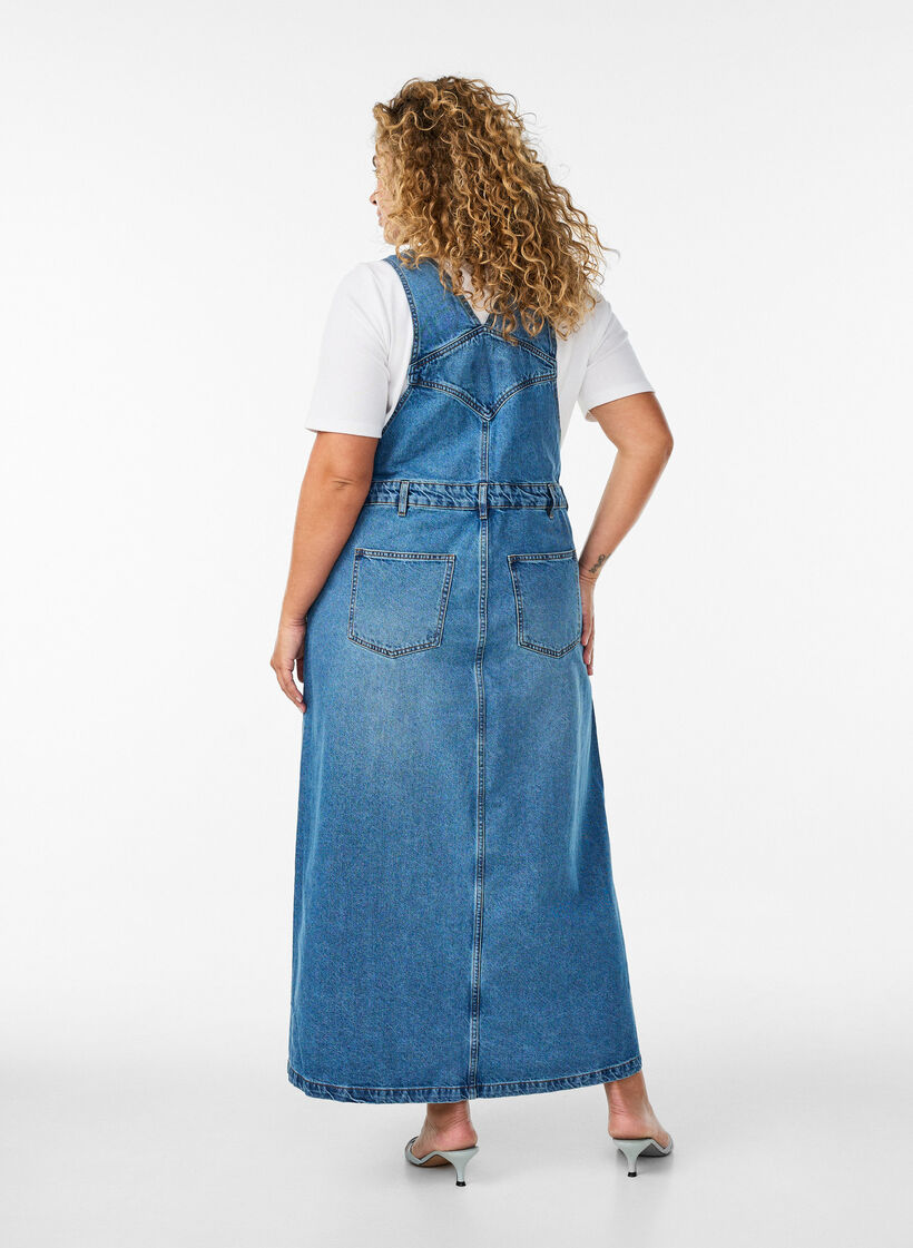 Midi denim overall dress, Blue, Model image number 1