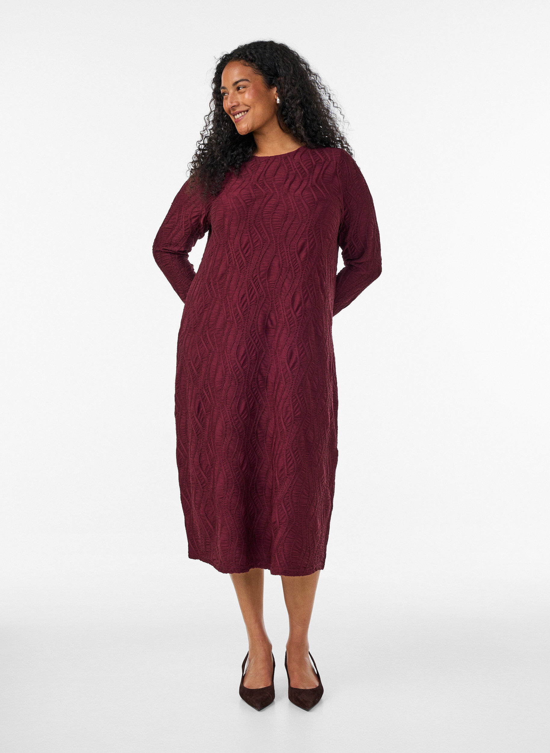 ZizzifashionMidi dress with a wavy texture and long sleeves, Red, Model image number 0