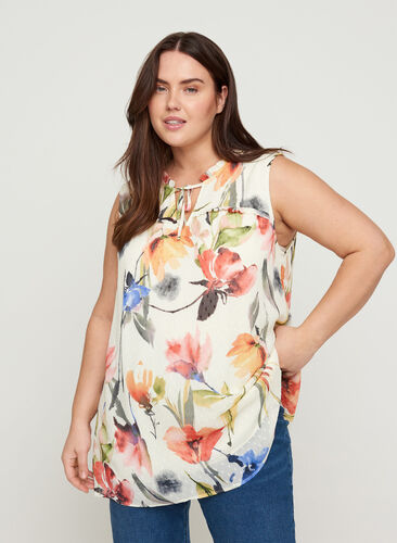 Sleeveless tunic with print and tie detail, Snow White AOP, Model image number 0