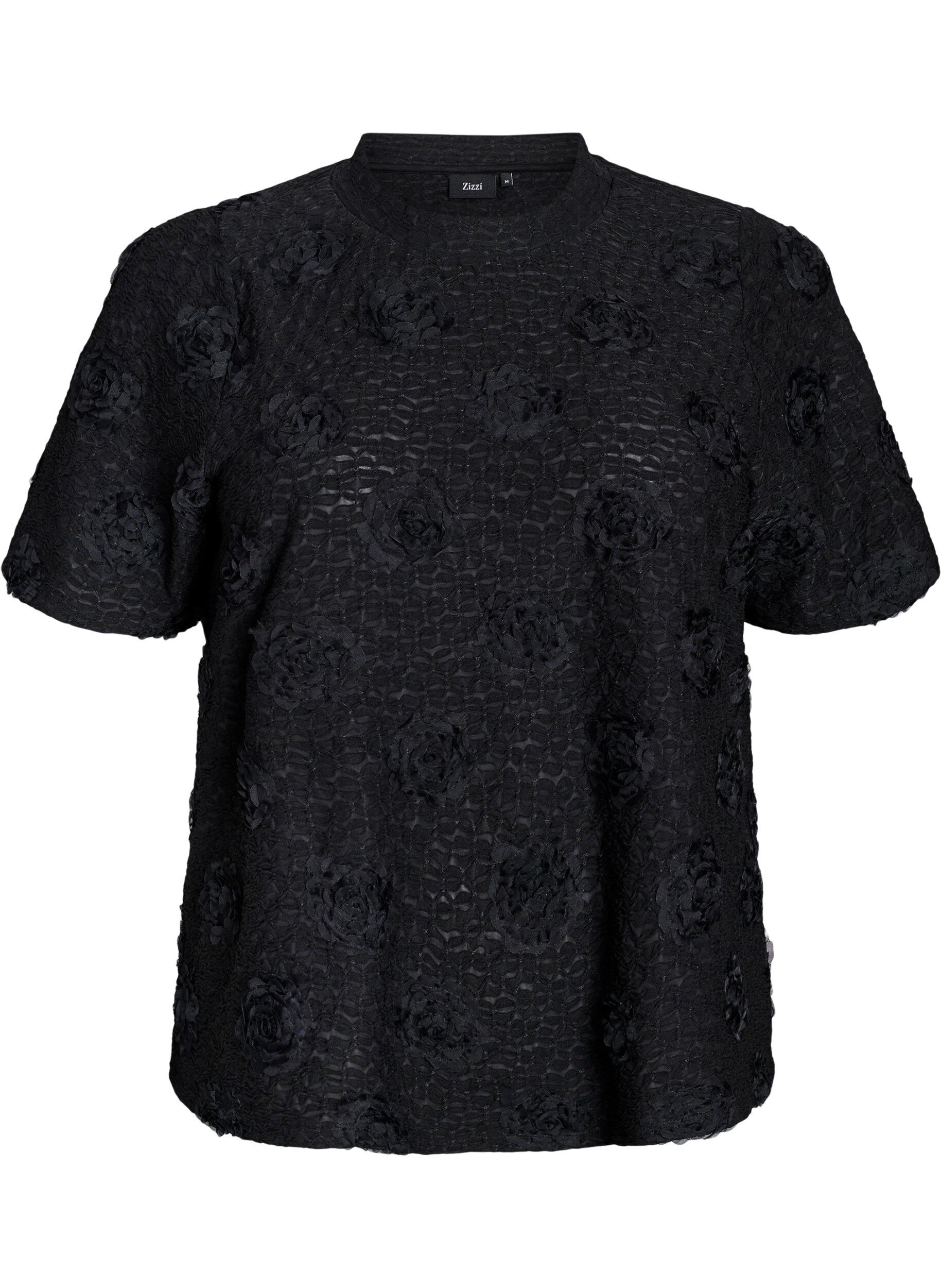 Blouse with 3D flowers and short sleeves