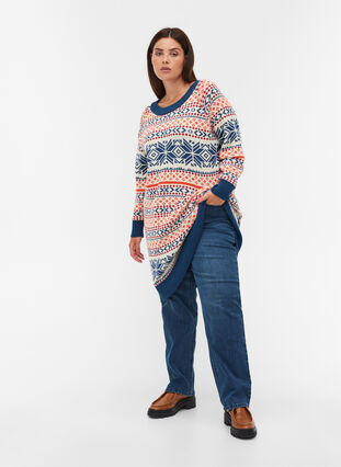Patterned knitted dress with a round neck and long sleeves, Night Sky Comb, Model image number 2