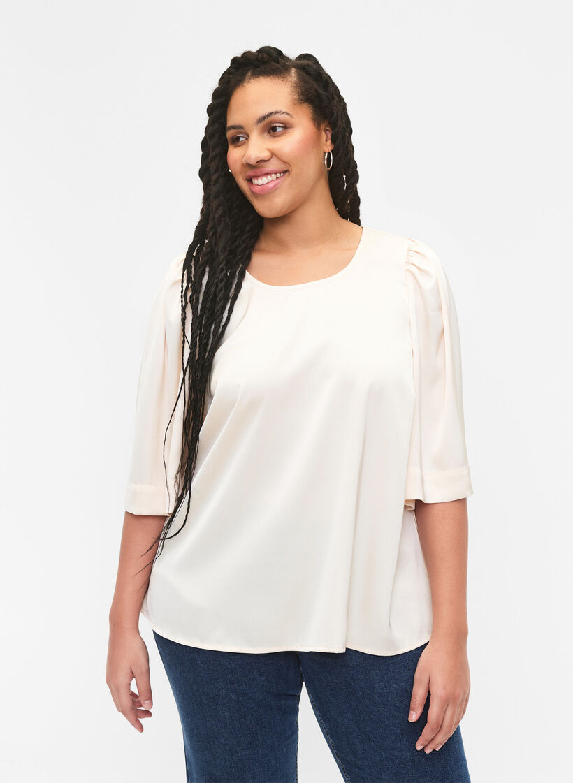 Satin blouse with half-length sleeves, Champagne, Model image number 0