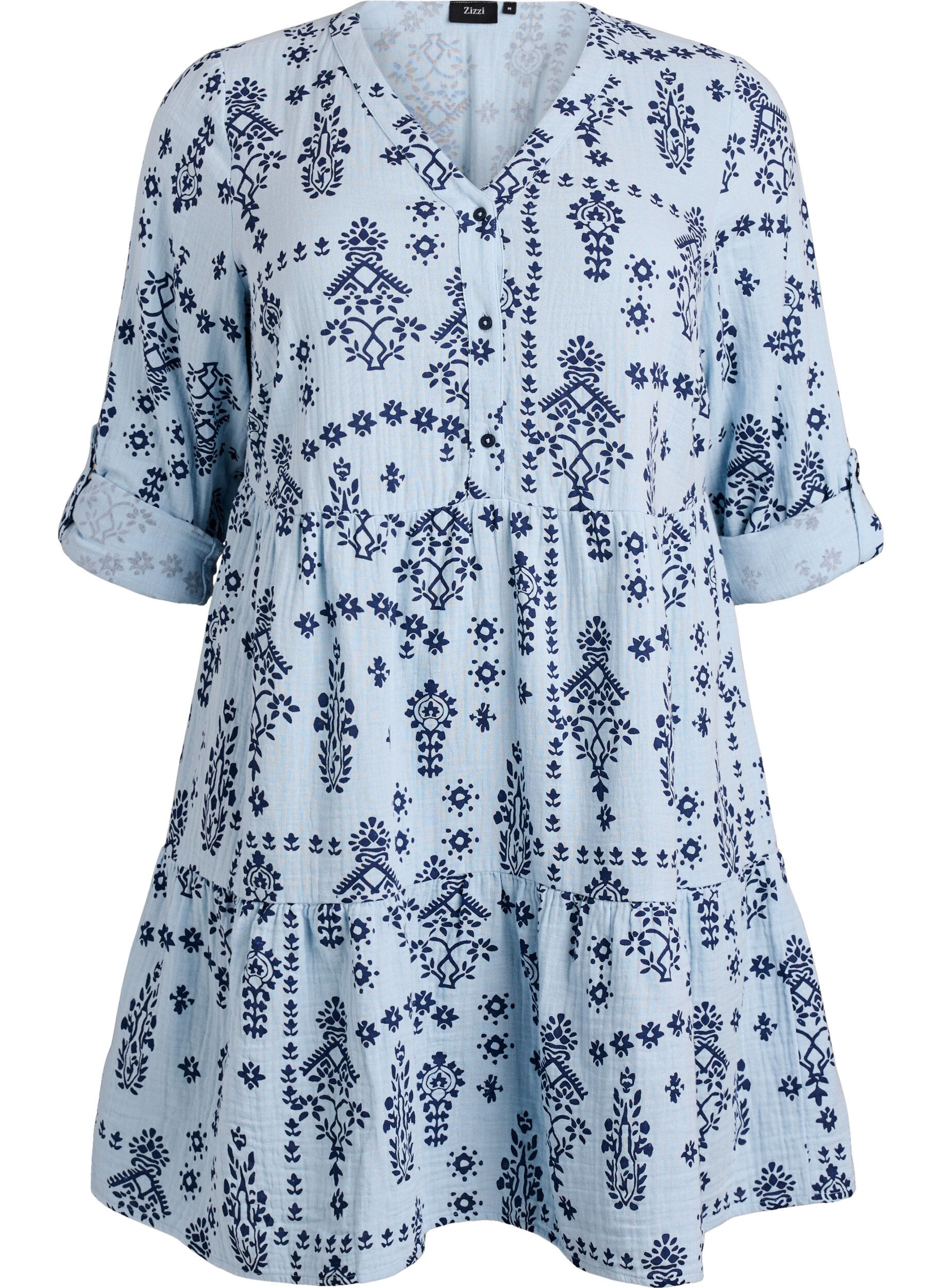 Zizzifashion Short dress in patterned cotton muslin, Light Blue, Packshot image number 0