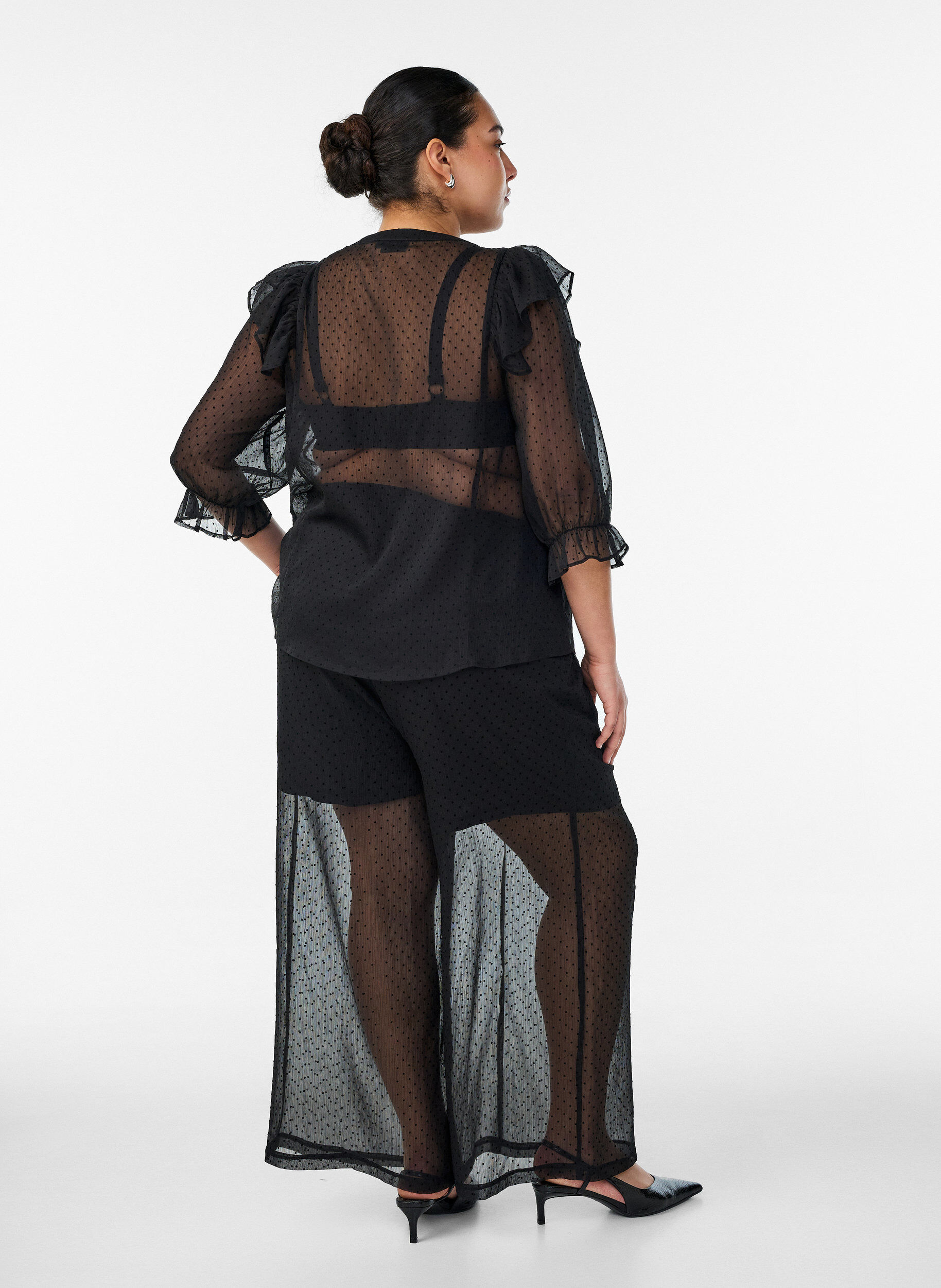 Zizzifashion Loose chiffon trousers with dots, Black, Model image number 1
