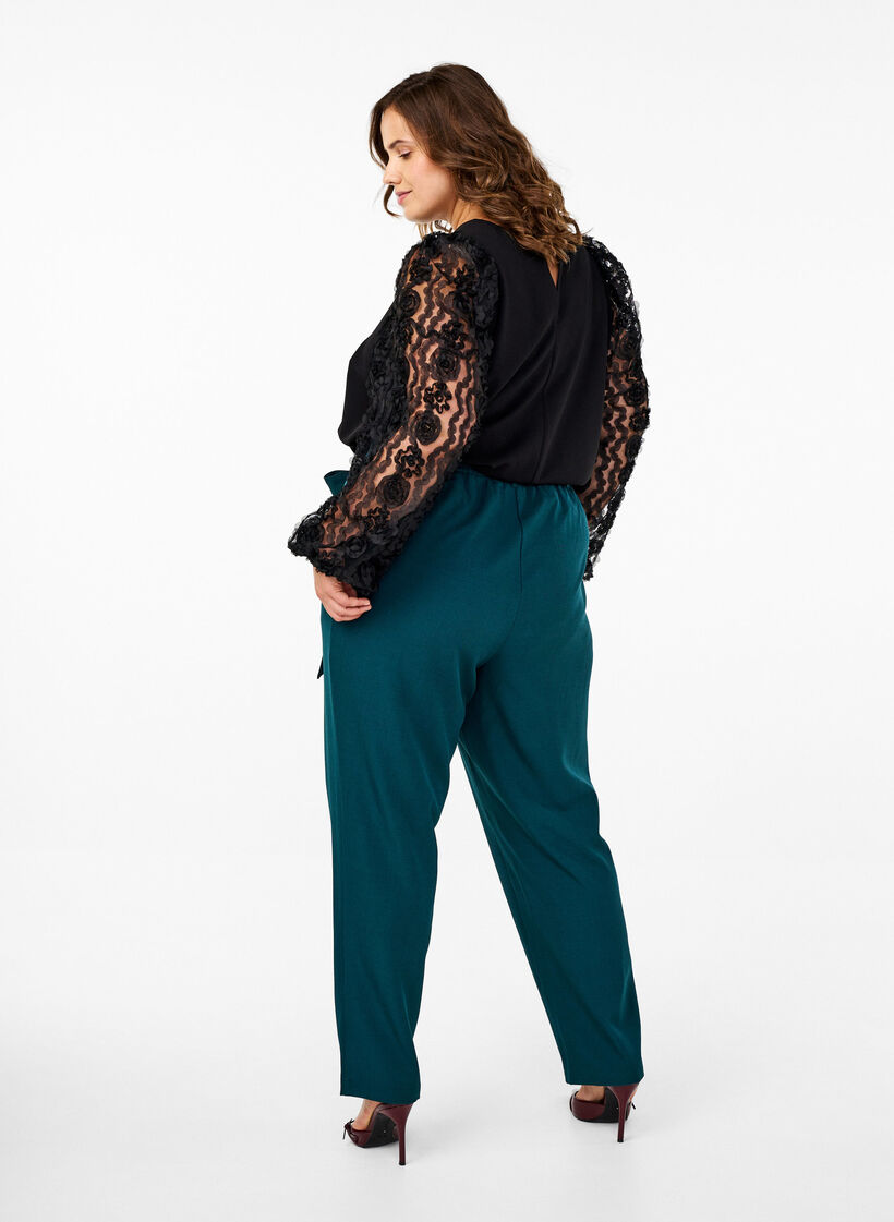 High-waisted trousers with ruffles and a tie belt, Sea Moss Melange, Model image number 1