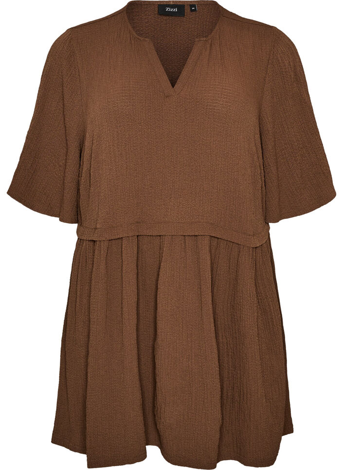 Tunic with crinkled texture and 1/2 sleeves, Brown, Packshot image number 0