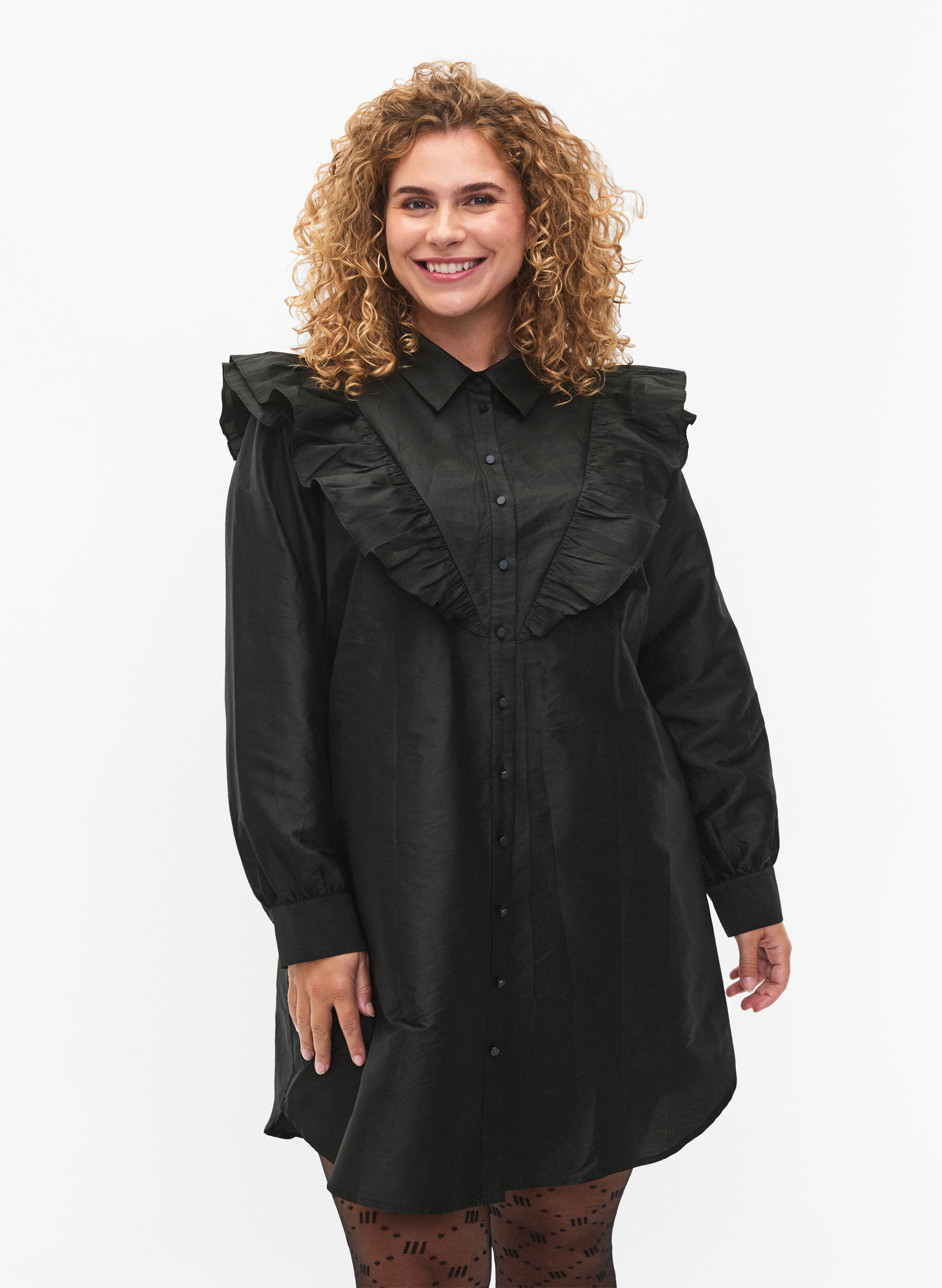 Zizzifashion Solid colored shirt with ruffle detail, Black, Model image number 0