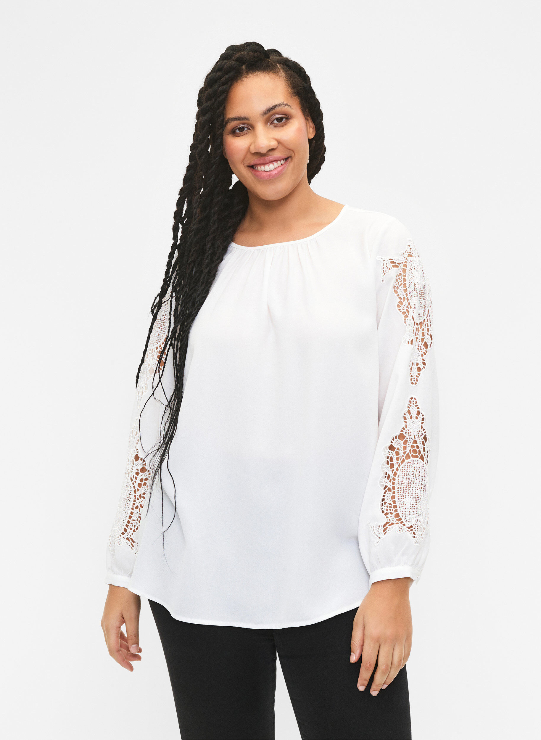 Zizzifashion Long sleeve blouse with crochet details, Bright White, Model image number 0