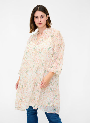 Floral print tunic with 3/4 sleeves, Off White Flower, Model image number 0