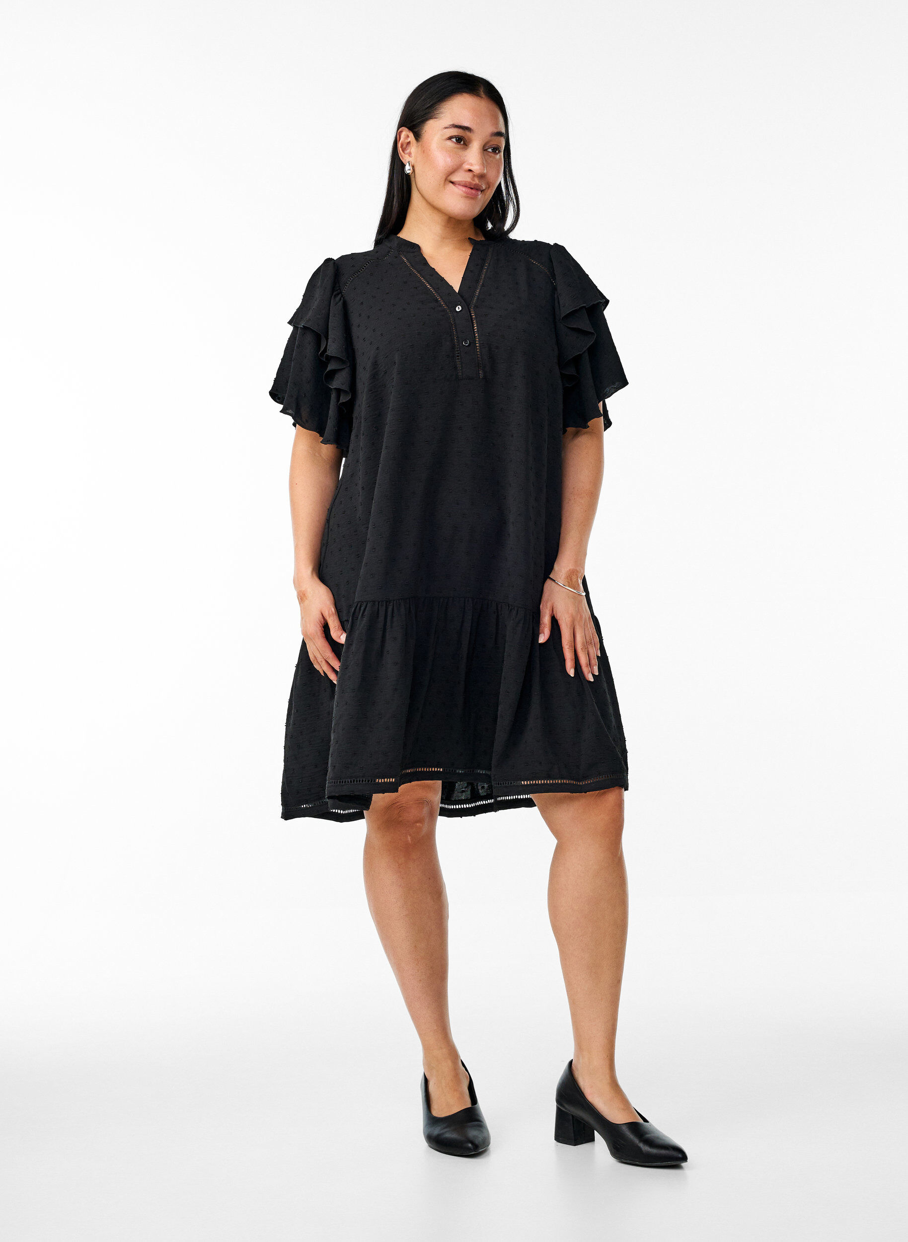 Zizzifashion Short dress with ruffle sleeves and dotted texture, Black, Model image number 2
