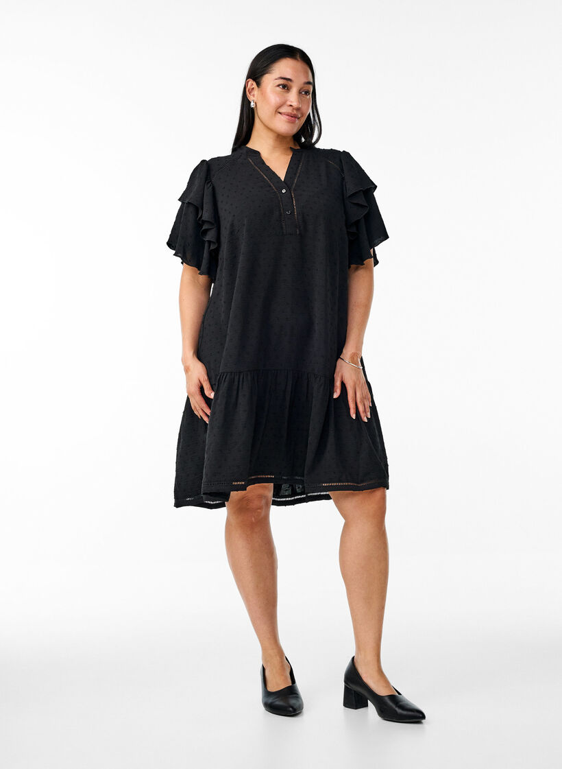 Short dress with ruffle sleeves and dotted texture, Black, Model image number 2