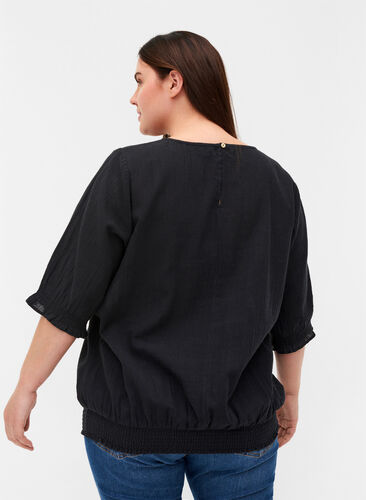 Short-sleeved cotton blouse with smock, Black, Model image number 1