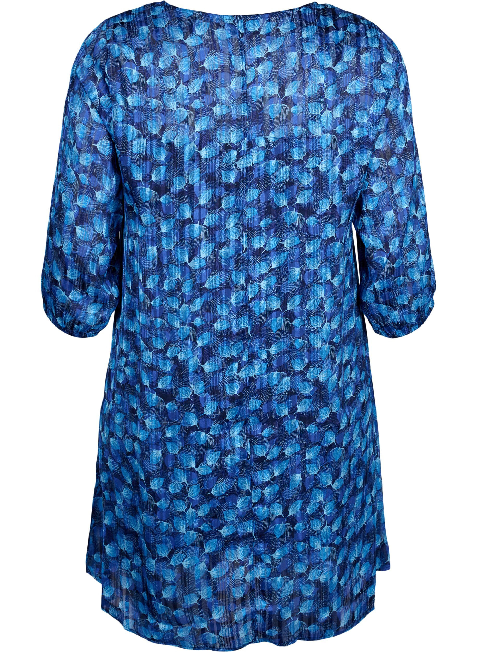 Zizzifashion Printed dress with v-neck and 3/4 sleeves, Navy Blazer Leaf AOP, Packshot image number 1