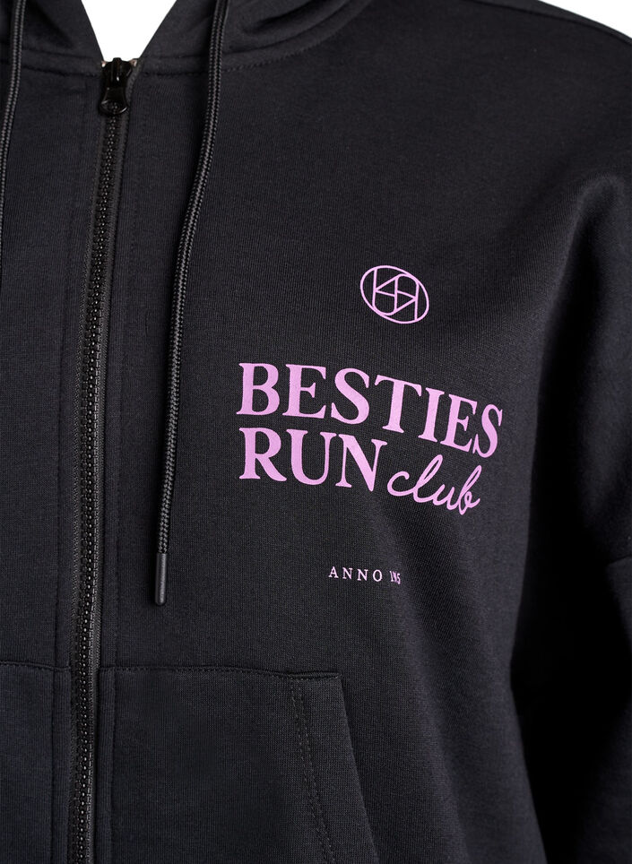 Hoodie with zipper and chest print, Black, Packshot image number 2