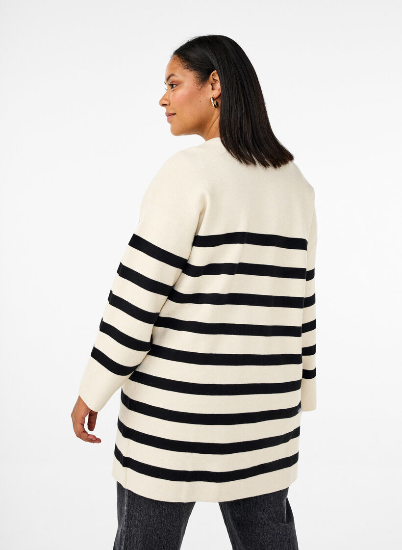 Long striped knitted cardigan, Birch w/Black, Model image number 1