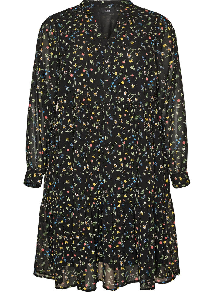 Dress with all-over print and a ruffle layer, Black, Packshot image number 0