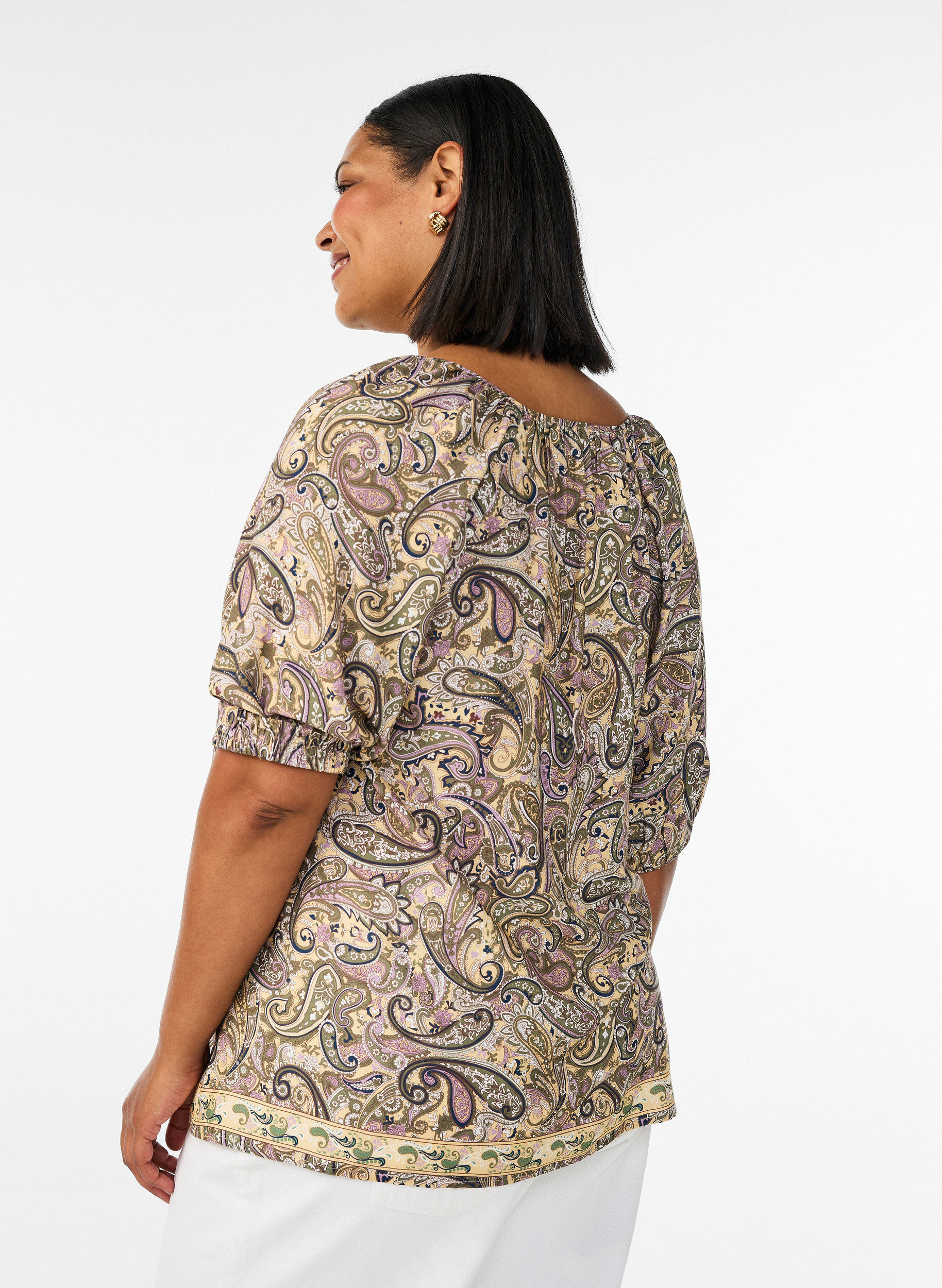 Zizzifashion Viscose blouse with paisley print and tie-string, Yellow, Model image number 2