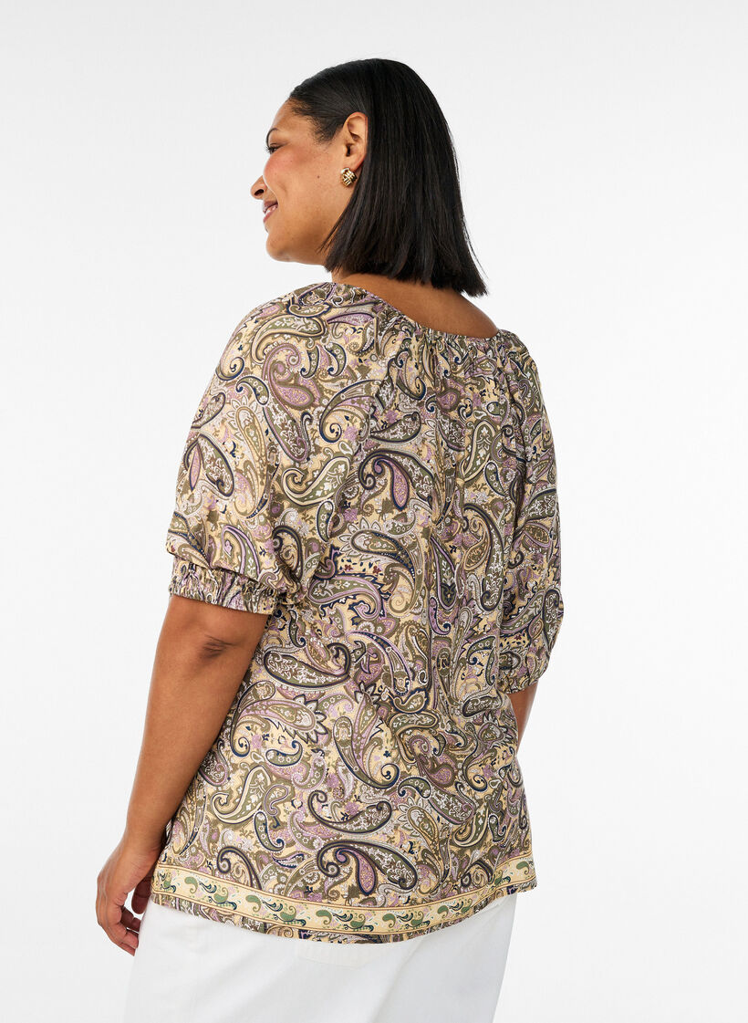 Viscose blouse with paisley print and tie-string, Yellow, Model image number 2