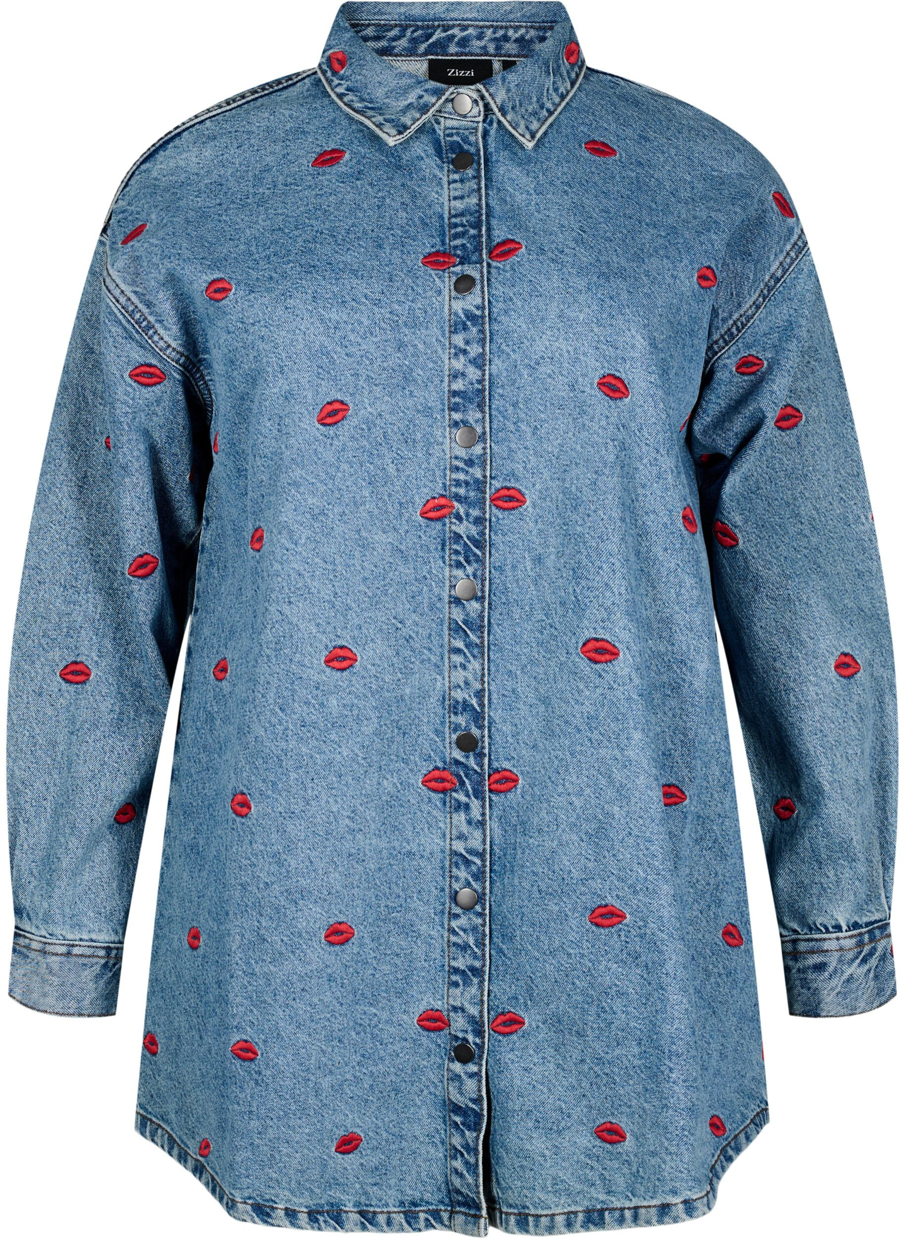 Loose denim shirt with embroidered lips