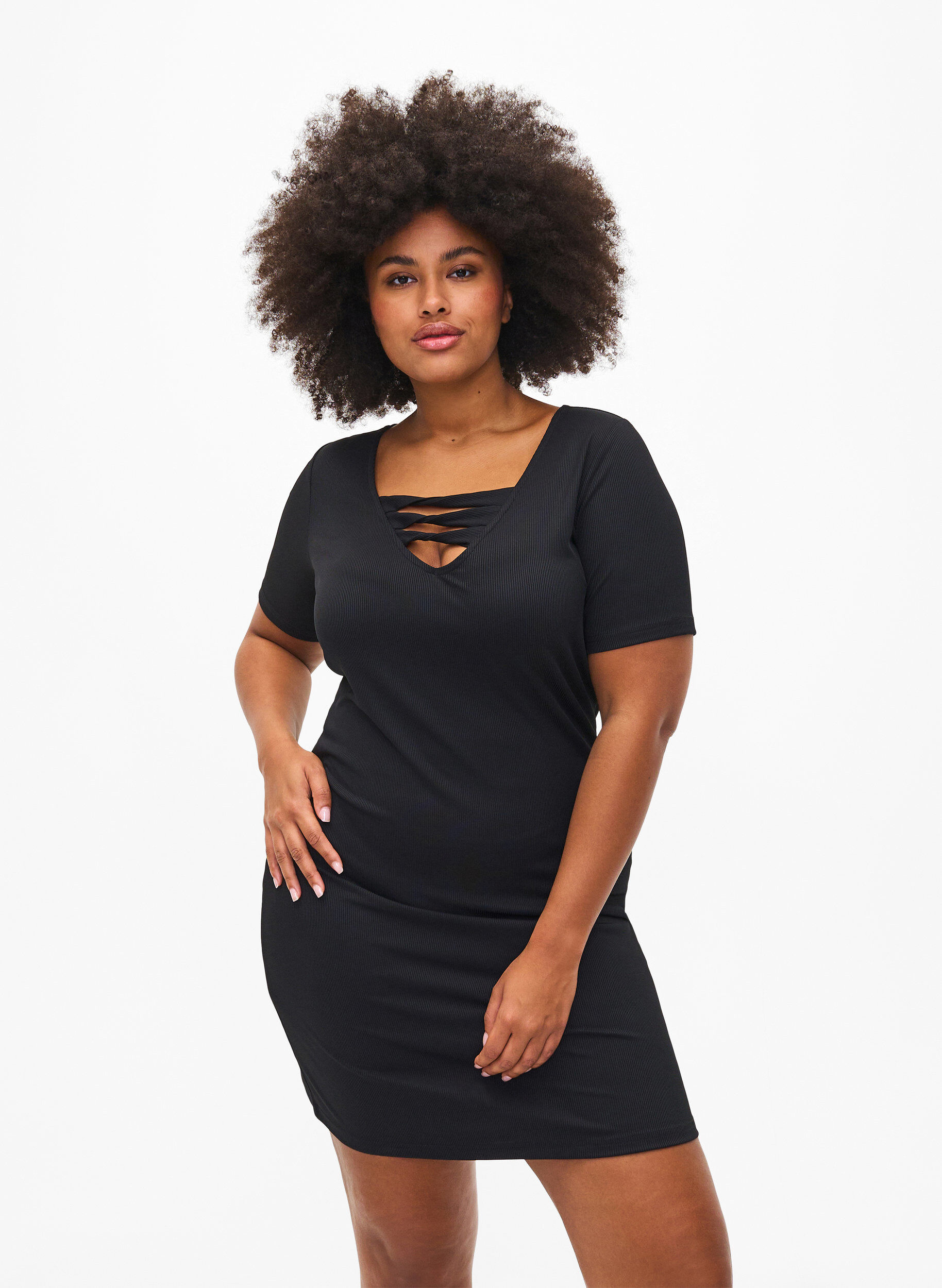 Zizzifashion Tight-fitting dress with V-neck and strap detail, Black, Model image number 0