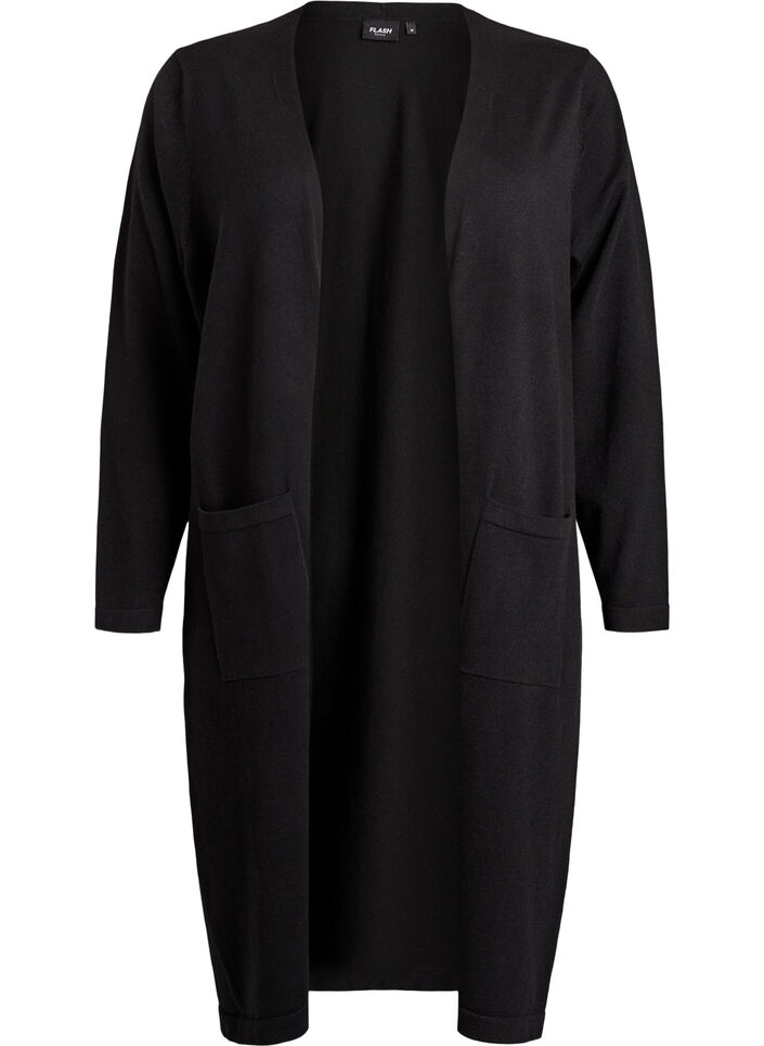 FLASH - Long, open cardigan with pockets, Black, Packshot image number 0