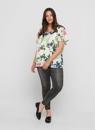 Short-sleeved blouse with a floral print, Bright White AOP, Model image number 2