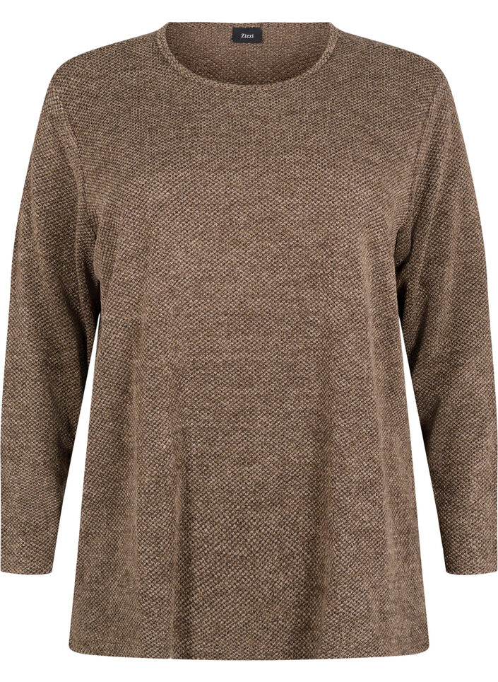 Melange blouse with round neck and long sleeves, Caribou, Packshot image number 0