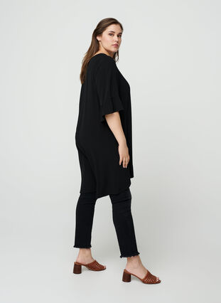 Viscose tunic with ruffled sleeves, Black Solid, Model image number 1