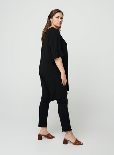 Viscose tunic with ruffled sleeves, Black Solid, Model image number 1