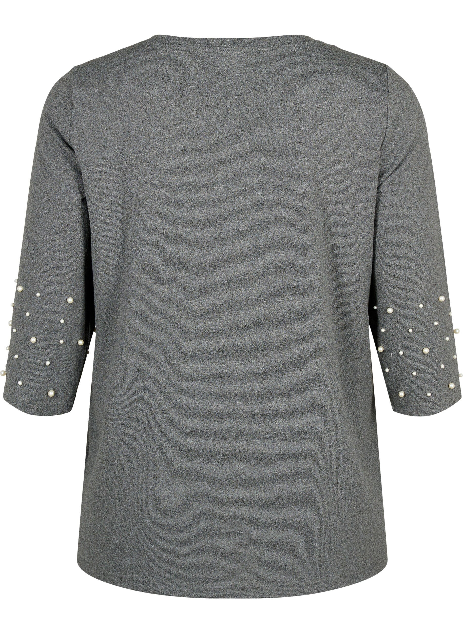 Zizzifashion Blouse with pearls and 3/4 sleeves, Dark Grey Melange, Packshot image number 1