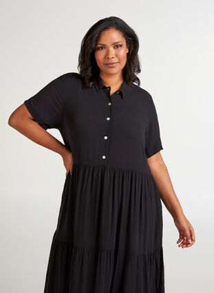 Short-sleeve viscose midi dress, Black solid , Model image number 2