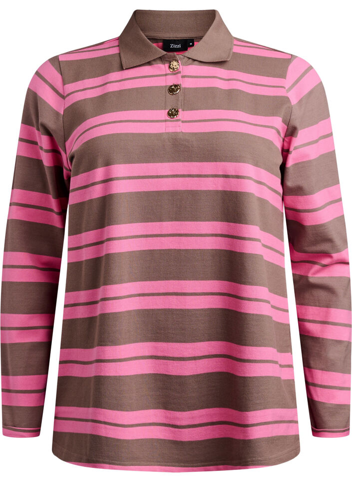Striped polo shirt with long sleeves, Pink, Packshot image number 0