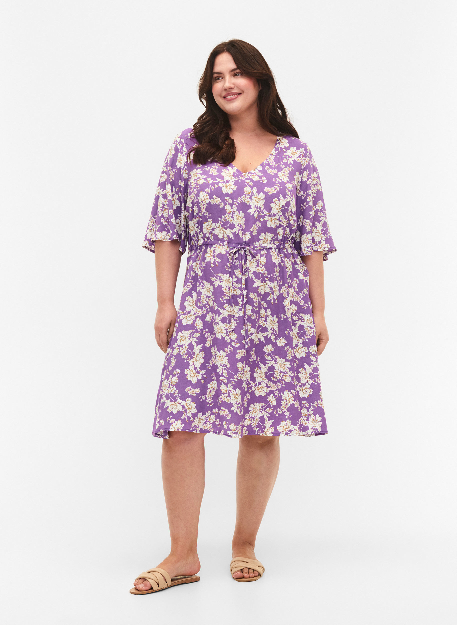 Zizzifashion Dress with 1/2 sleeves and floral print in viscose, Purple Flower AOP, Model image number 2