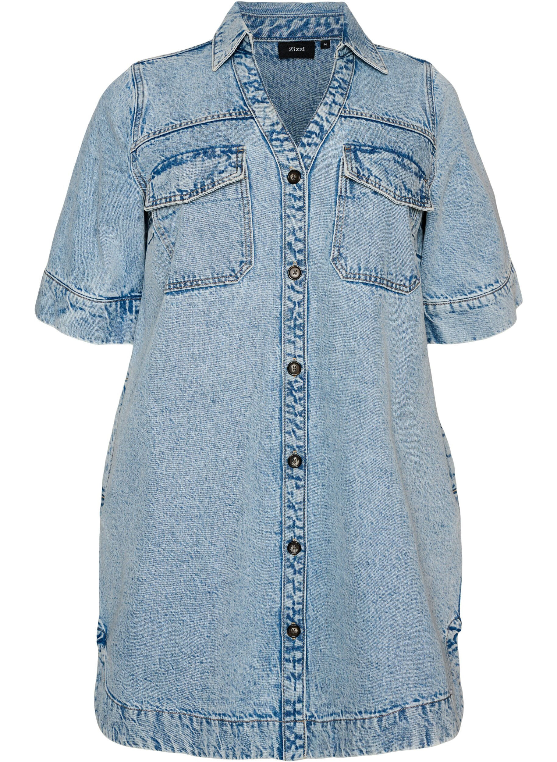 Zizzifashion Short-sleeved denim dress with a collar and button fastening, Light Blue, Packshot image number 0